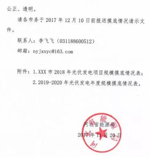 頭條！河北能源局發(fā)布《關于對2018-2020年光伏發(fā)電項目建設規(guī)模進行摸底工作的通知》