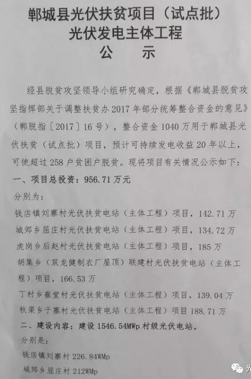 1546.54MW！河南鄲城縣公示光伏扶貧項(xiàng)目（試點(diǎn)批）光伏發(fā)電主體工程