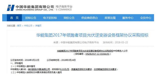 0.33元/瓦！神州數(shù)碼中標(biāo)華能領(lǐng)跑者項(xiàng)目光伏逆變器采購